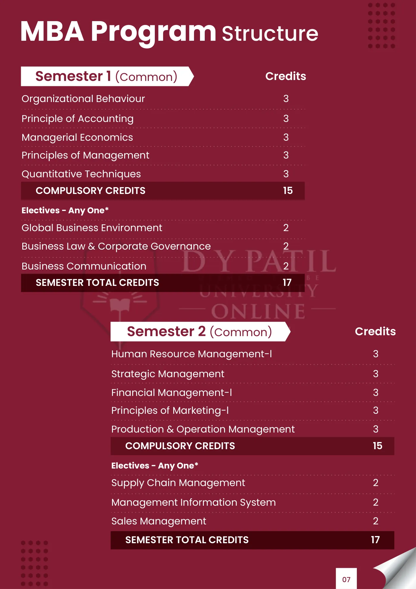 D. Y. Patil University, Navi Mumbai — course brochure, page 33. Open the PDF for full-size reading.