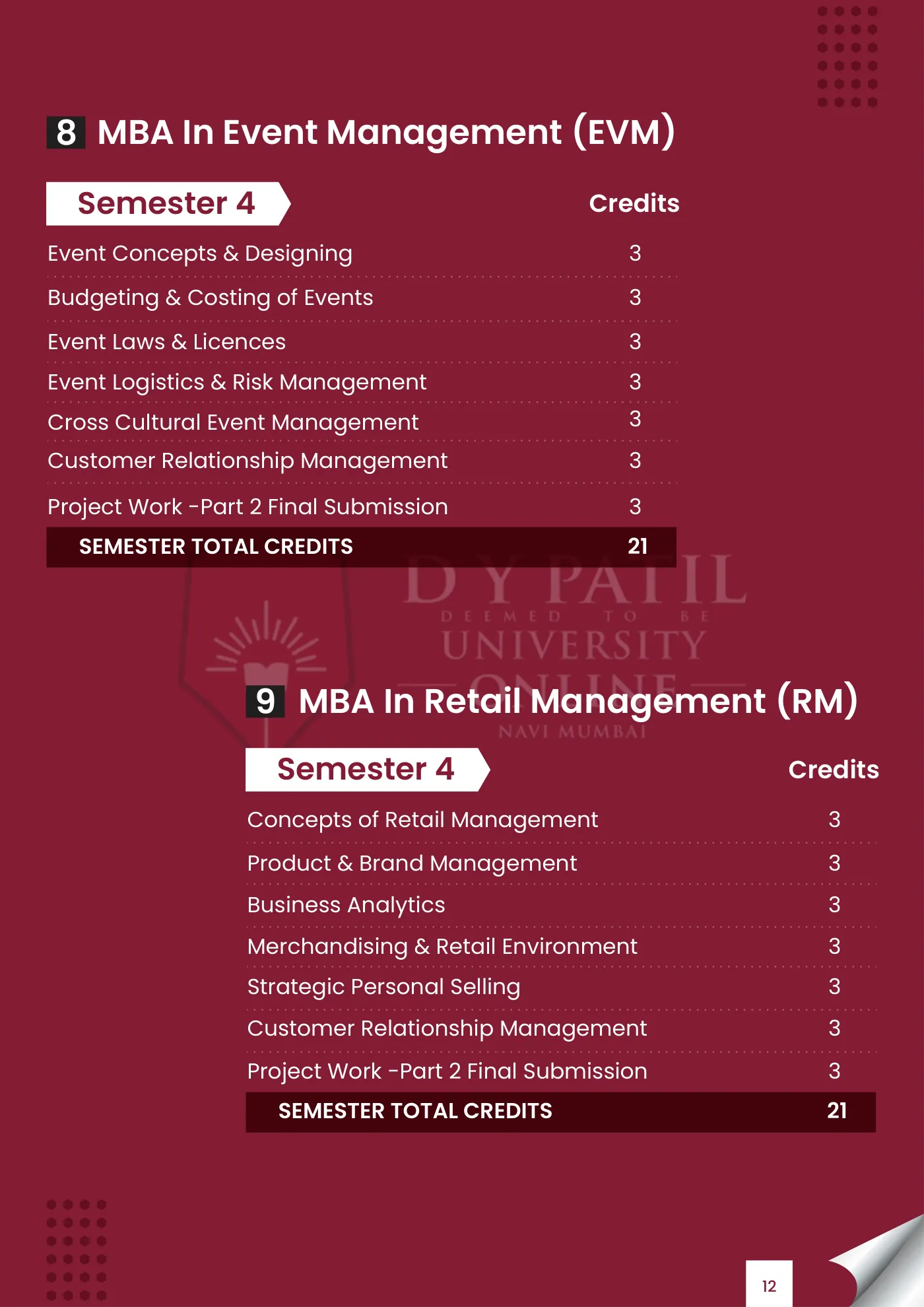 D. Y. Patil University, Navi Mumbai — course brochure, page 38. Open the PDF for full-size reading.