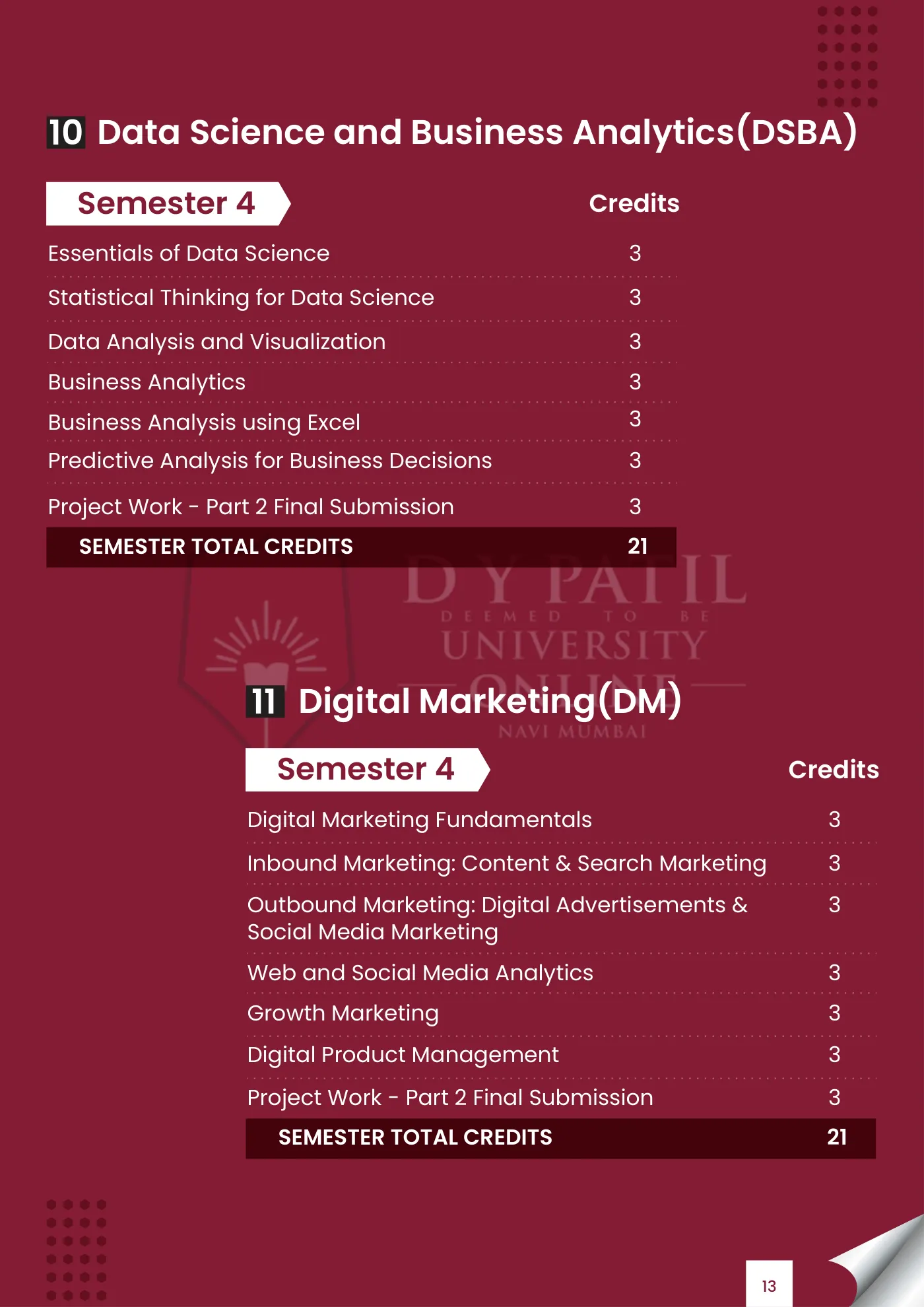 D. Y. Patil University, Navi Mumbai — course brochure, page 39. Open the PDF for full-size reading.
