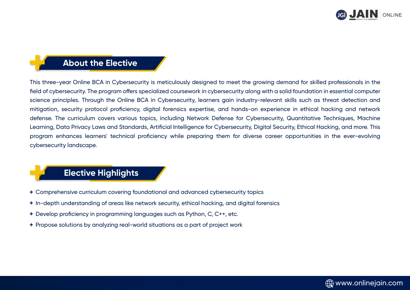 Jain University — complete course brochure, page 3. Open the PDF for full-size reading.