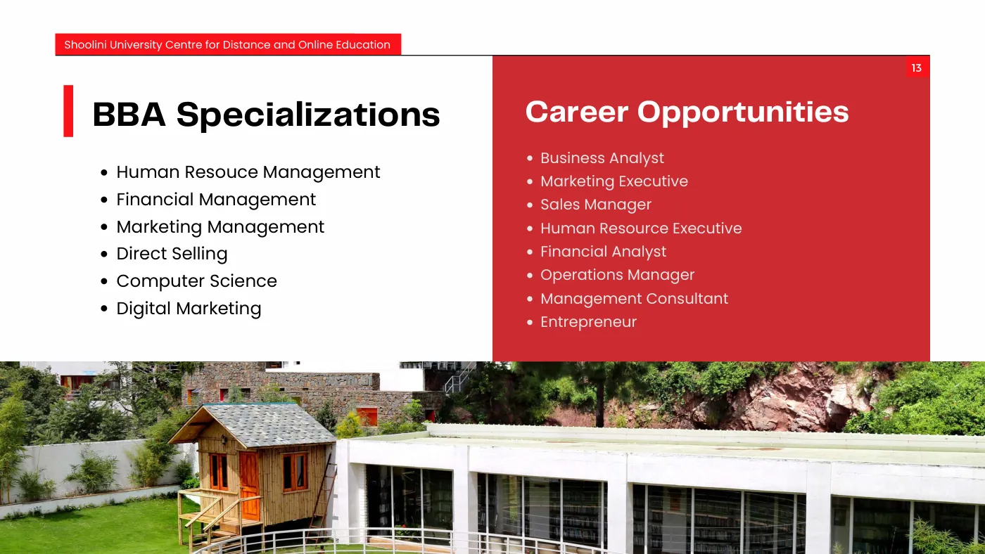 Shoolini University — course brochure, page 13. Open the PDF for full-size reading.