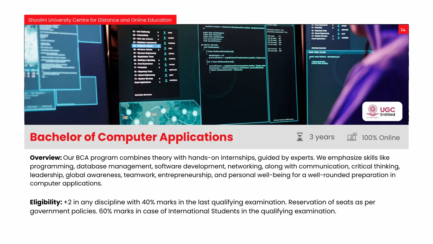 Shoolini University — course brochure, page 14. Open the PDF for full-size reading.