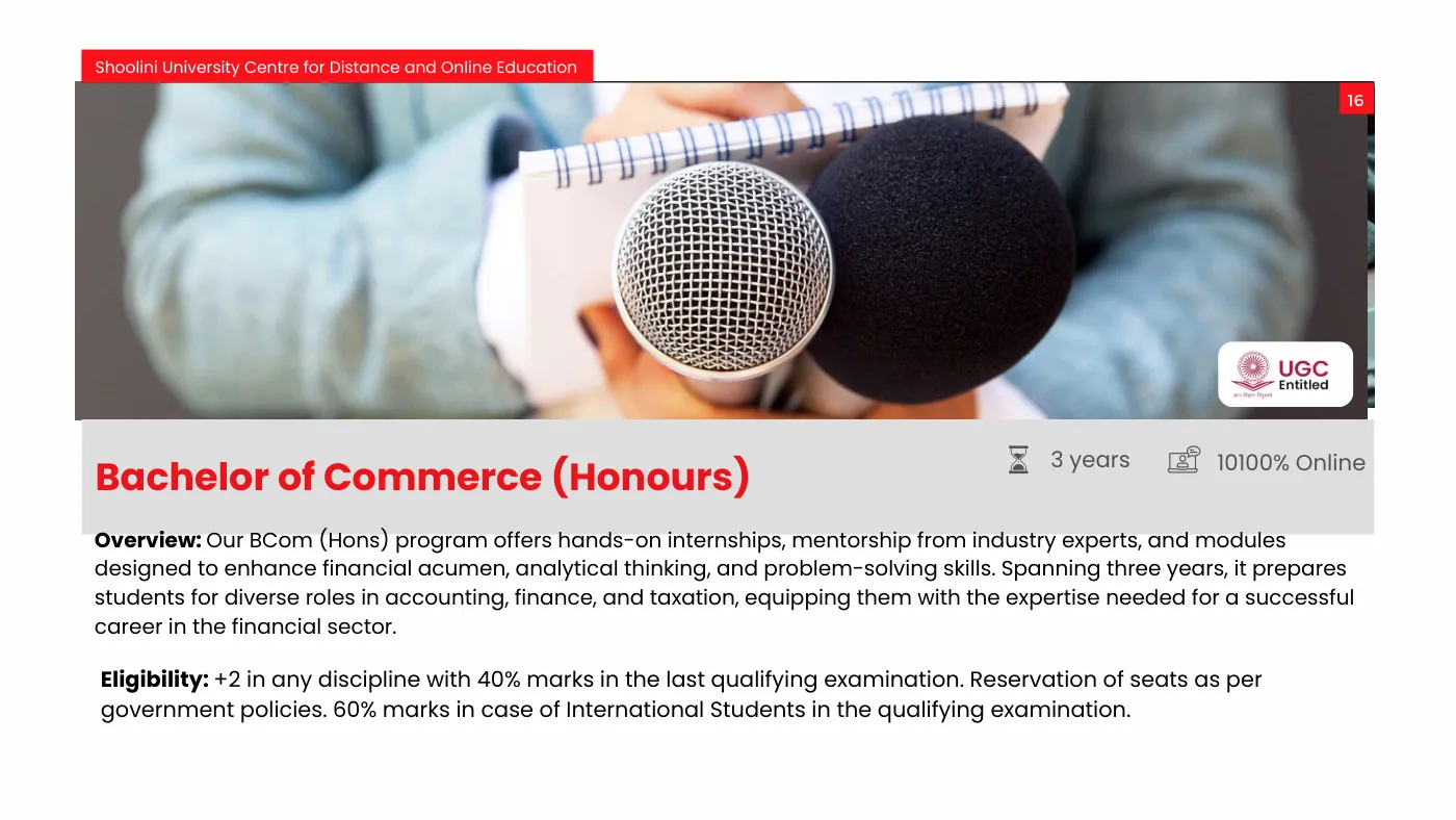 Shoolini University — course brochure, page 16. Open the PDF for full-size reading.