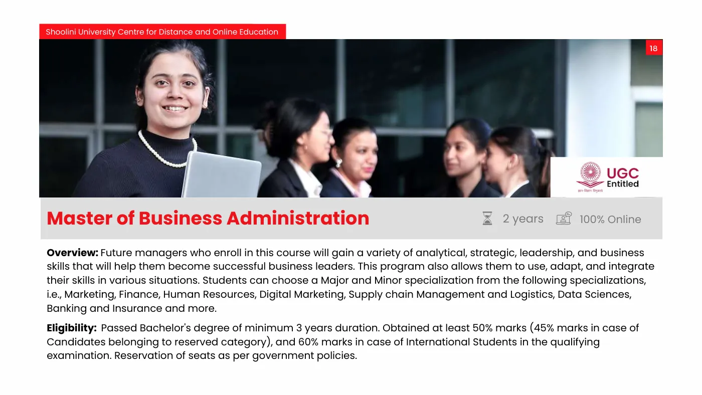 Shoolini University — course brochure, page 18. Open the PDF for full-size reading.