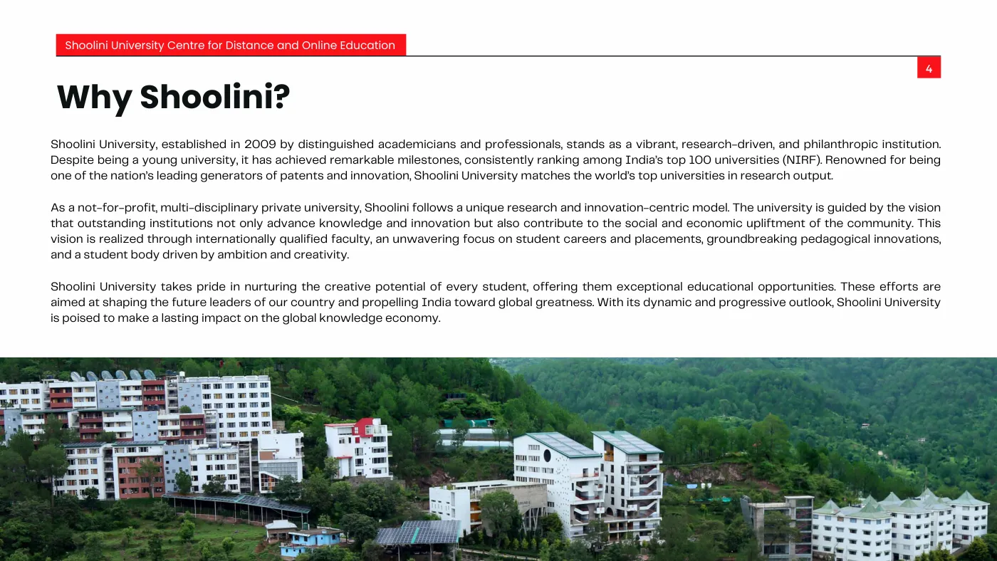 Shoolini University — course brochure, page 4. Open the PDF for full-size reading.