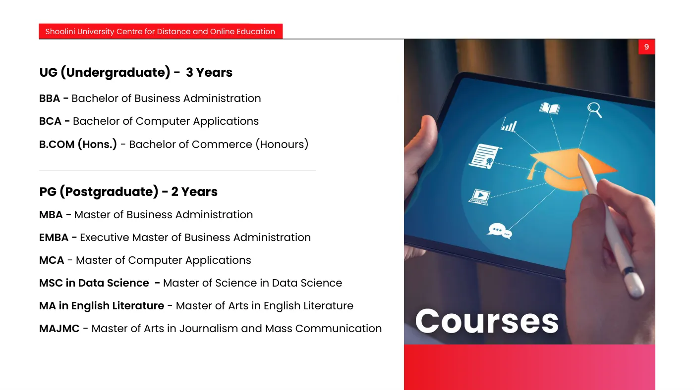 Shoolini University — course brochure, page 9. Open the PDF for full-size reading.