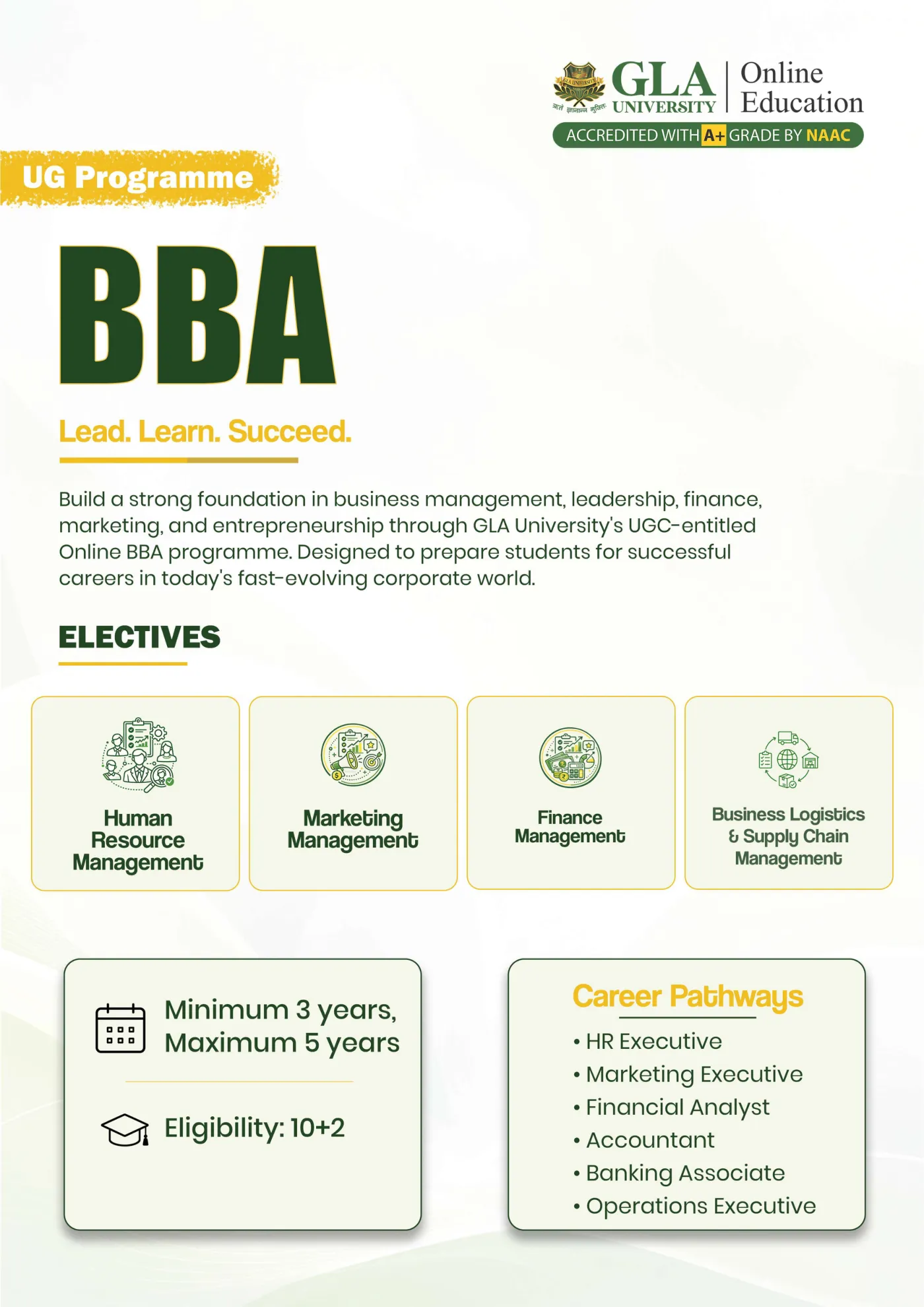 GLA University — course brochure, page 4. Open the PDF for full-size reading.