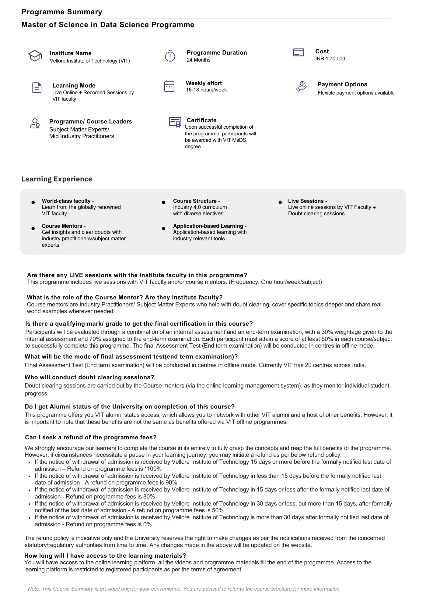 Vellore Institute of Technology — course brochure, page 27. Open the PDF for full-size reading.